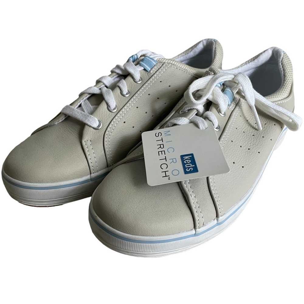 Keds ladies tan leather Micro stretch sneakers blue stripes. NWT size 6.5
